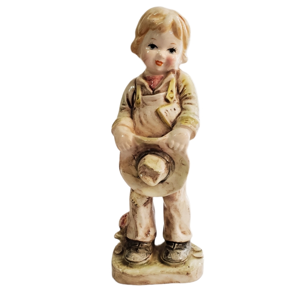 Vintage Wales Made In Japan Shy Country Boy With Hat In Hand Overalls Figurine